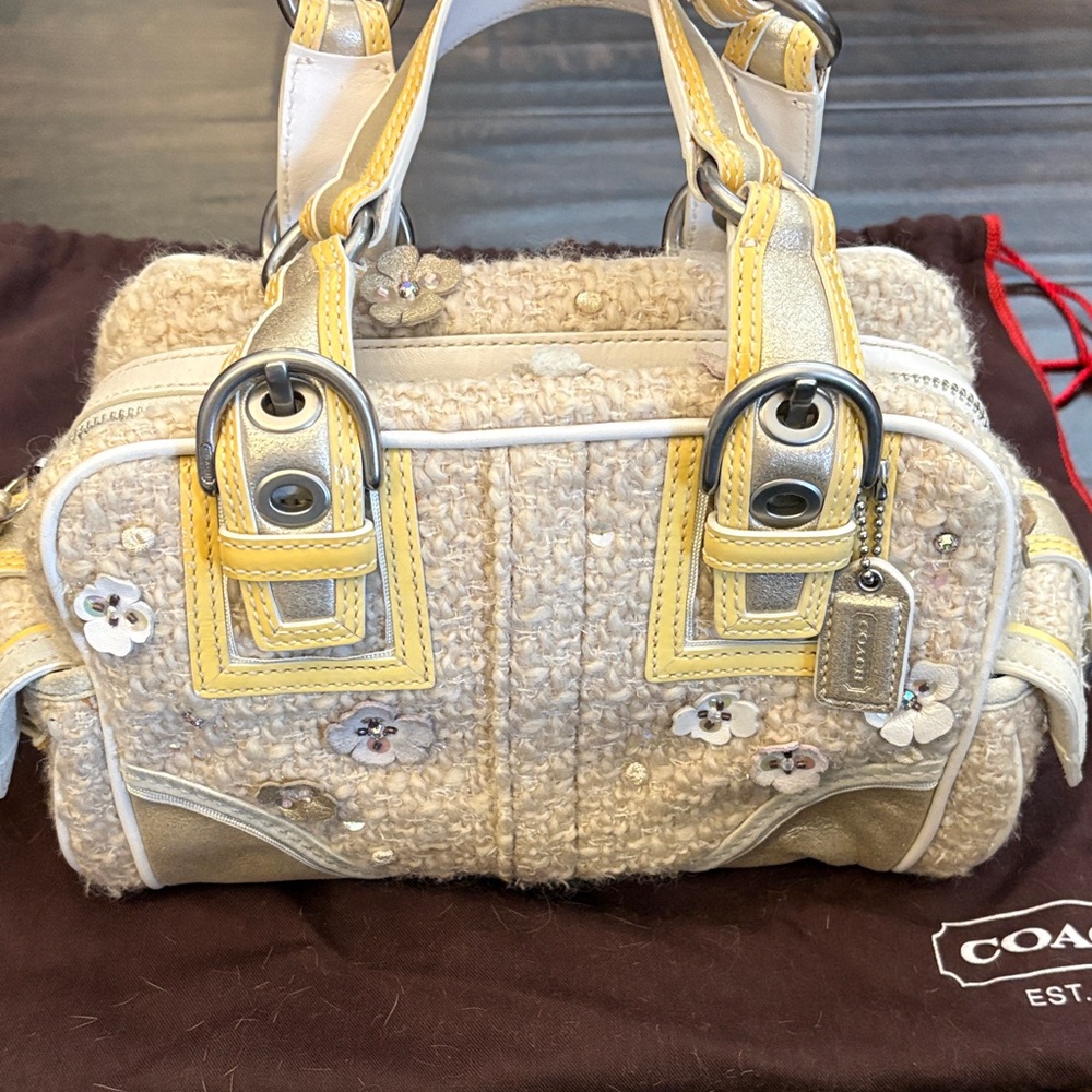 Coach Cream & Yellow Floral Embellished Wool Satchel